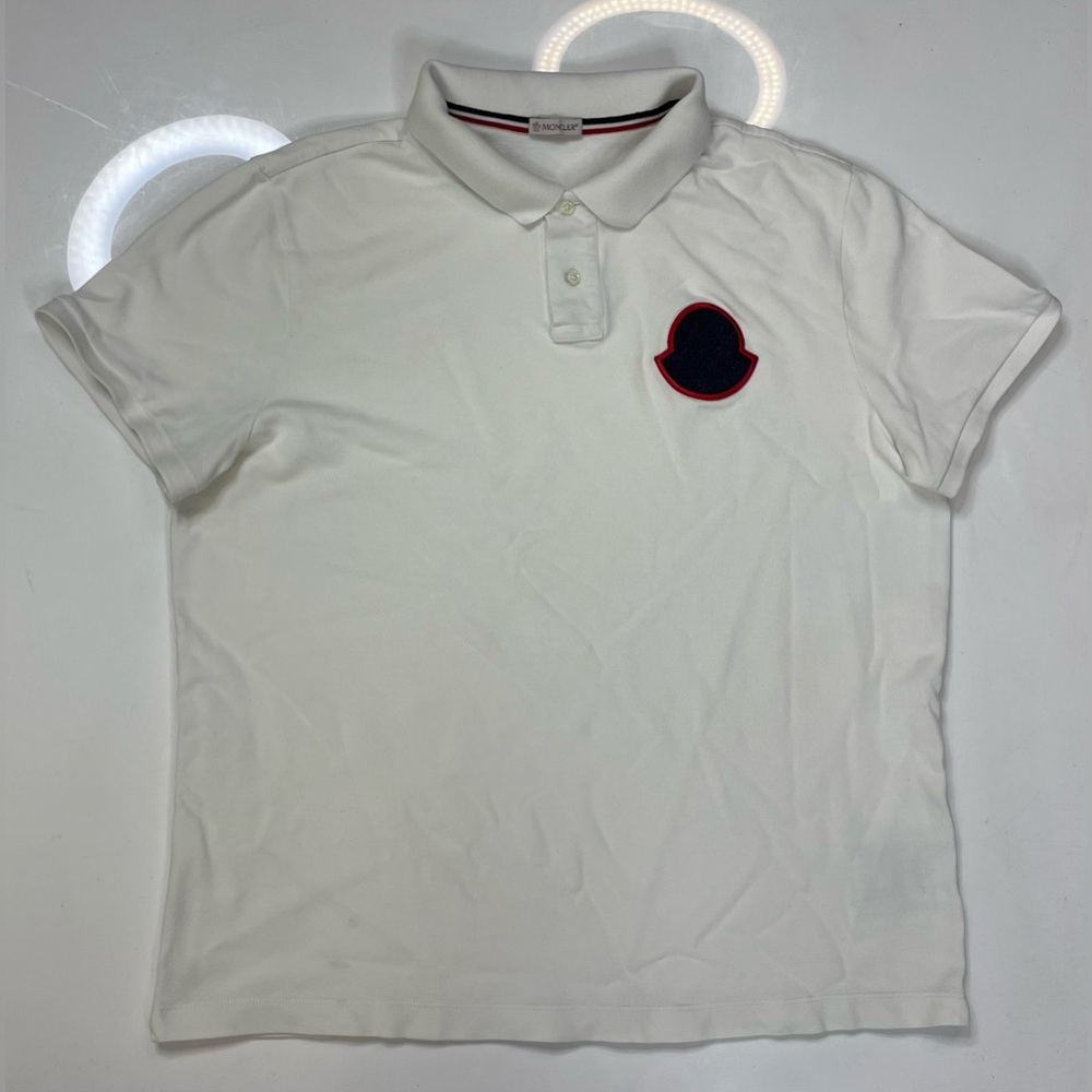 Moncler White Polo Shirt with Black and Red Logo